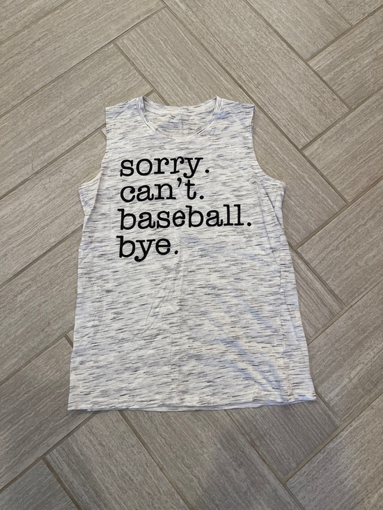 Tops - Graphic Muscle Tee - 'sorry. can't. baseball. bye.' - Heathered White/Gray